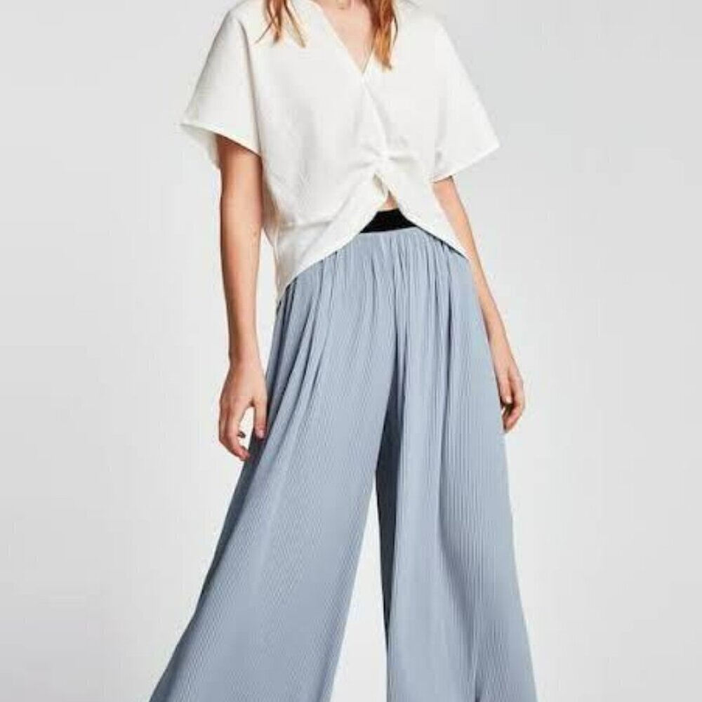 ZARA Pleated Light Blue Wide Leg Pants Elastic Waist Stretchy Oversized